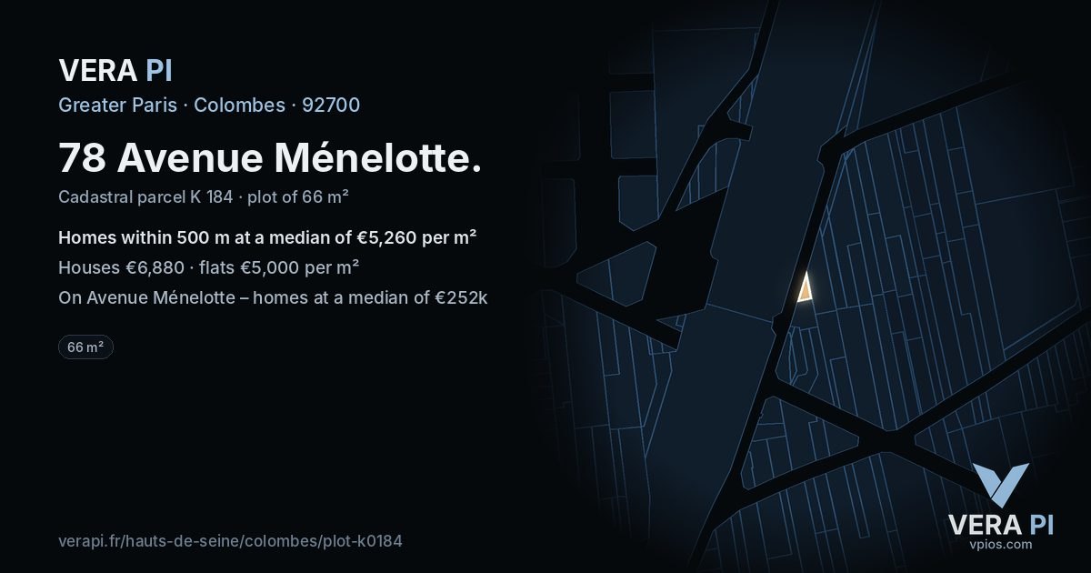 78 Avenue Ménelotte, Colombes at night – the plot lit, the parcels around coloured by the prices near them