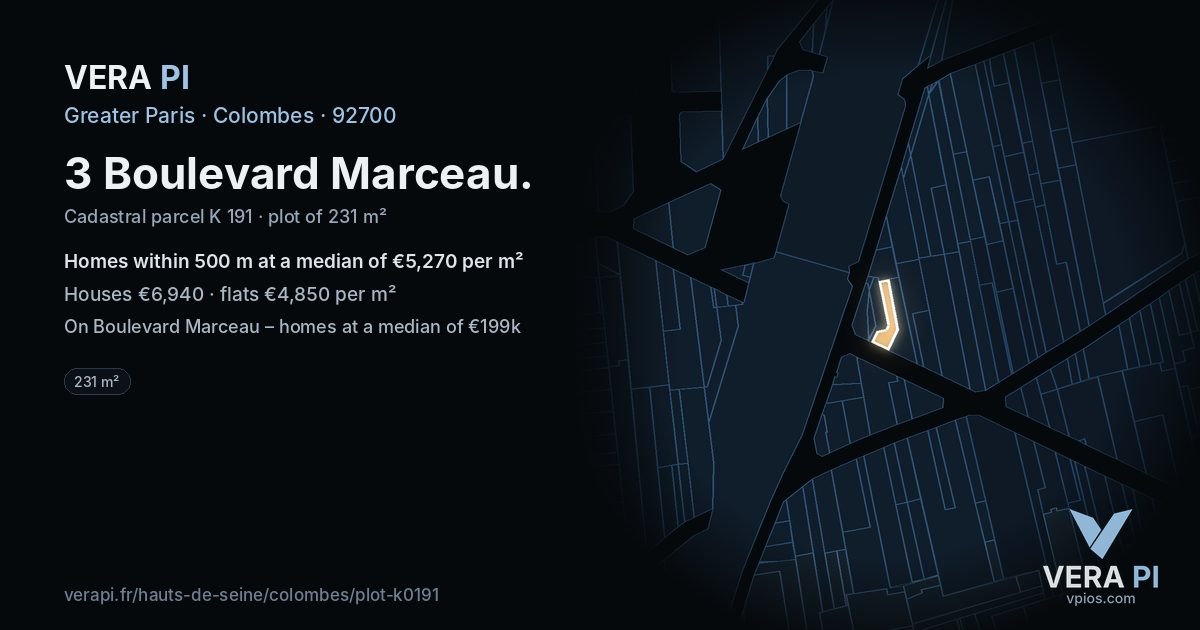 3 Boulevard Marceau, Colombes at night – the plot lit, the parcels around coloured by the prices near them