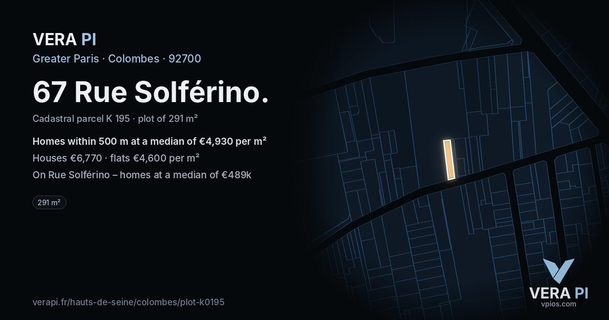 67 Rue Solférino, Colombes at night – the plot lit, the parcels around coloured by the prices near them