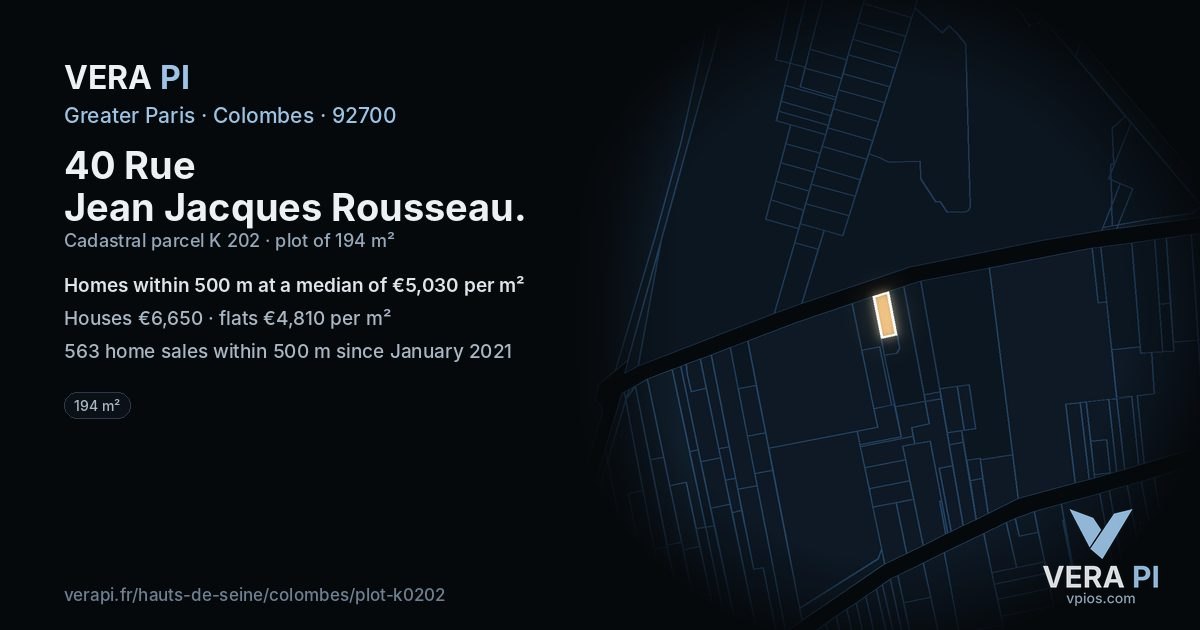 40 Rue Jean Jacques Rousseau, Colombes at night – the plot lit, the parcels around coloured by the prices near them