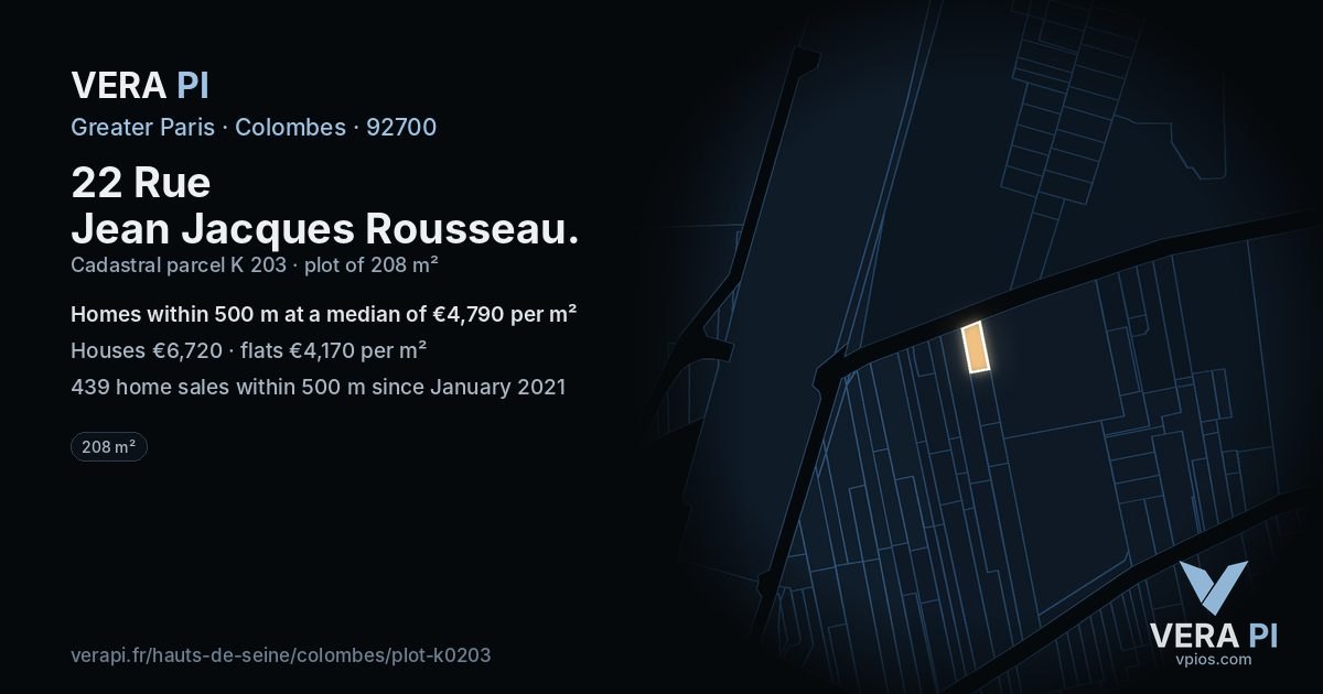 22 Rue Jean Jacques Rousseau, Colombes at night – the plot lit, the parcels around coloured by the prices near them