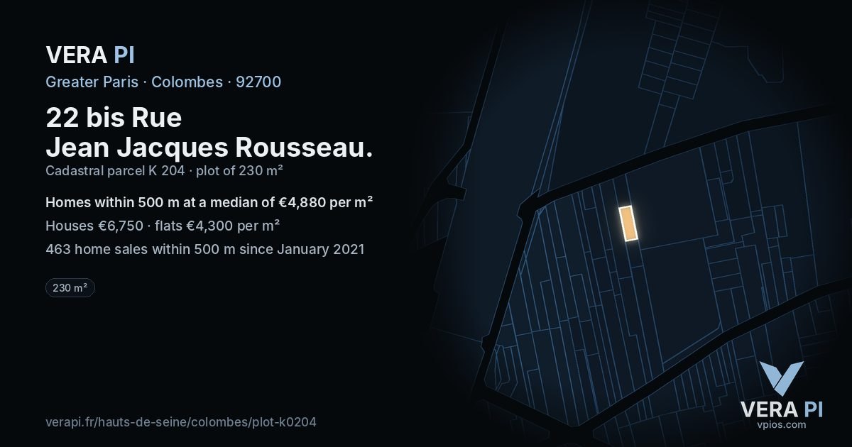 22 bis Rue Jean Jacques Rousseau, Colombes at night – the plot lit, the parcels around coloured by the prices near them