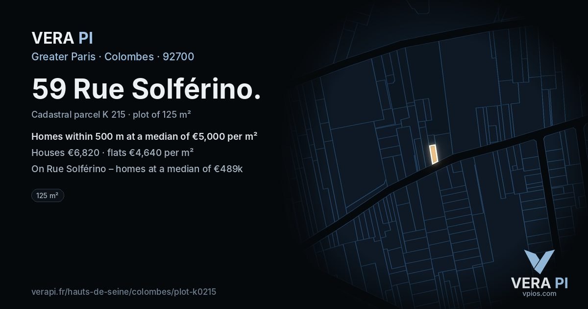 59 Rue Solférino, Colombes at night – the plot lit, the parcels around coloured by the prices near them