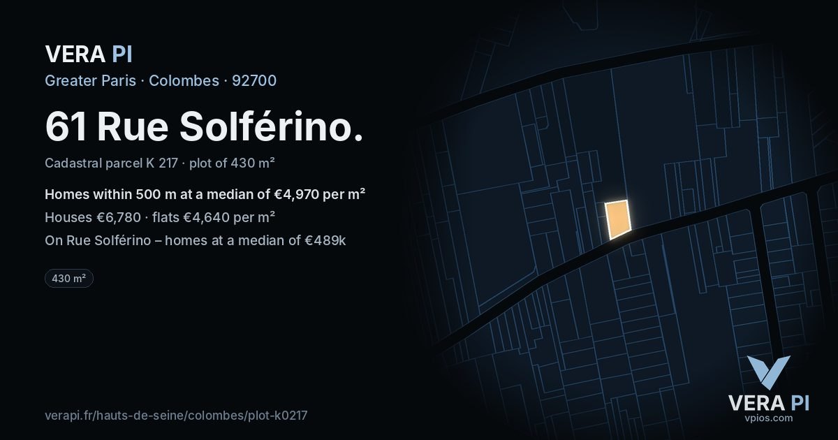 61 Rue Solférino, Colombes at night – the plot lit, the parcels around coloured by the prices near them