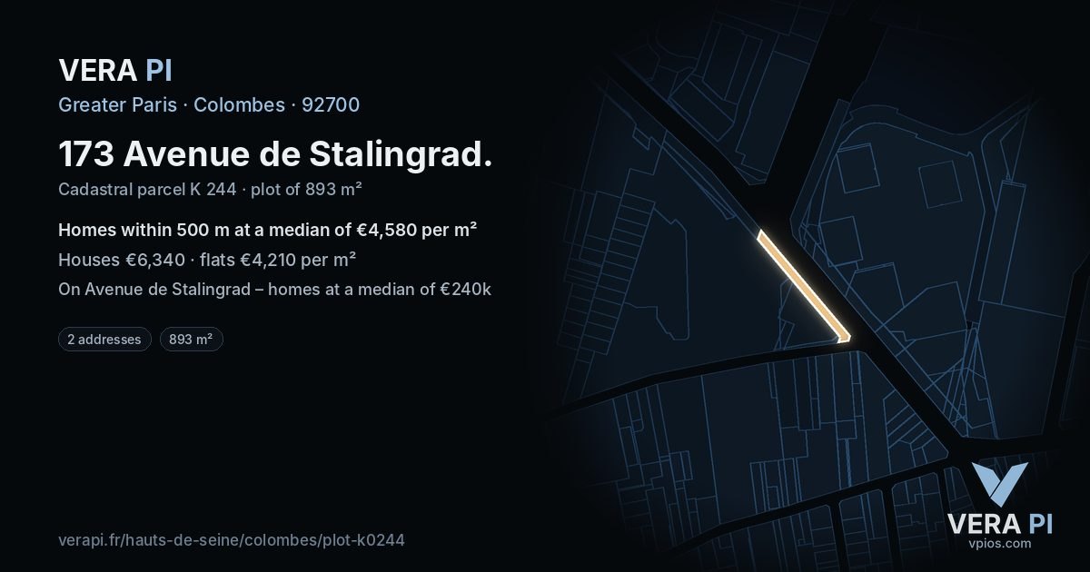 173 Avenue de Stalingrad, Colombes at night – the plot lit, the parcels around coloured by the prices near them