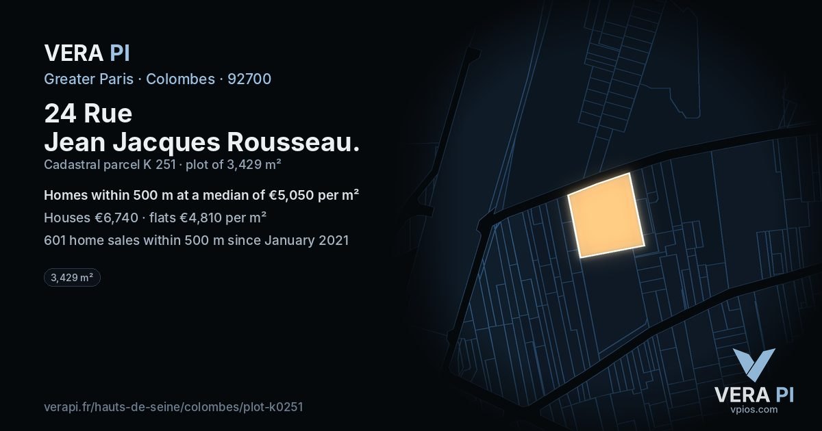 24 Rue Jean Jacques Rousseau, Colombes at night – the plot lit, the parcels around coloured by the prices near them
