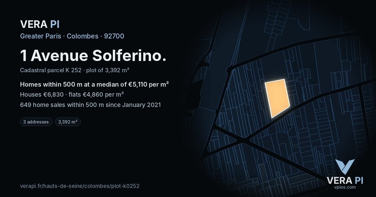 1 Avenue Solferino, Colombes at night – the plot lit, the parcels around coloured by the prices near them