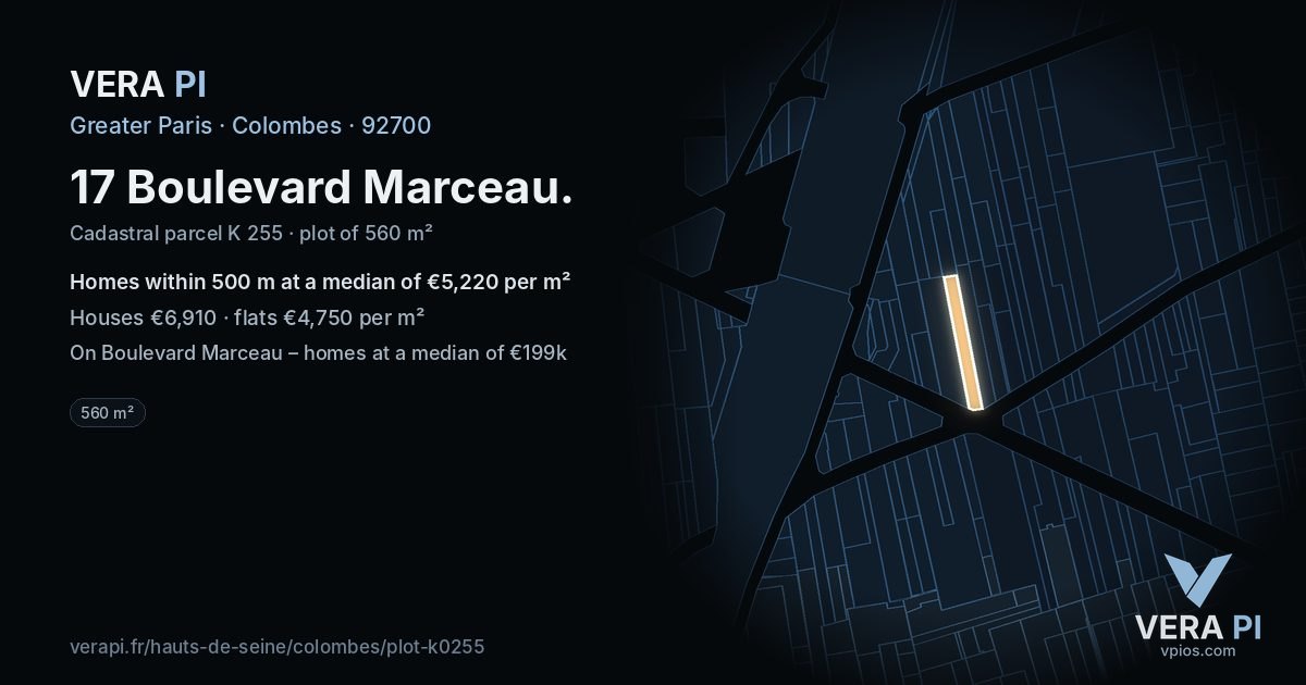 17 Boulevard Marceau, Colombes at night – the plot lit, the parcels around coloured by the prices near them