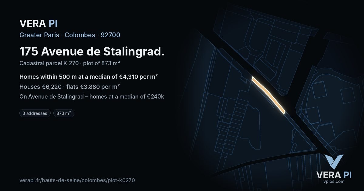 175 Avenue de Stalingrad, Colombes at night – the plot lit, the parcels around coloured by the prices near them
