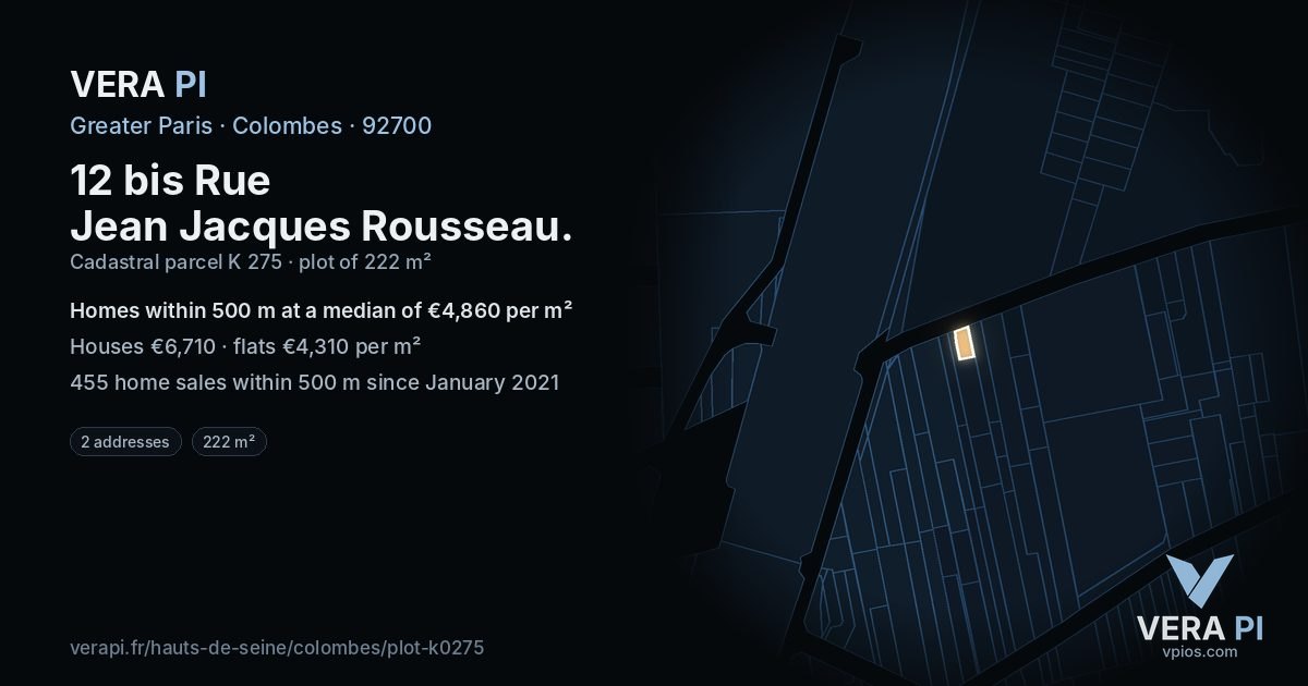 12 bis Rue Jean Jacques Rousseau, Colombes at night – the plot lit, the parcels around coloured by the prices near them