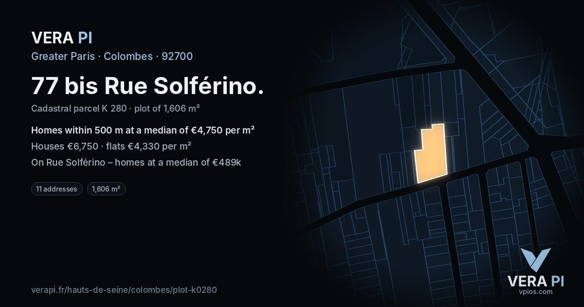 77 bis Rue Solférino, Colombes at night – the plot lit, the parcels around coloured by the prices near them