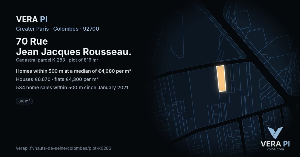 70 Rue Jean Jacques Rousseau, Colombes at night – the plot lit, the parcels around coloured by the prices near them