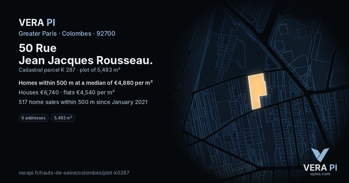 50 Rue Jean Jacques Rousseau, Colombes at night – the plot lit, the parcels around coloured by the prices near them