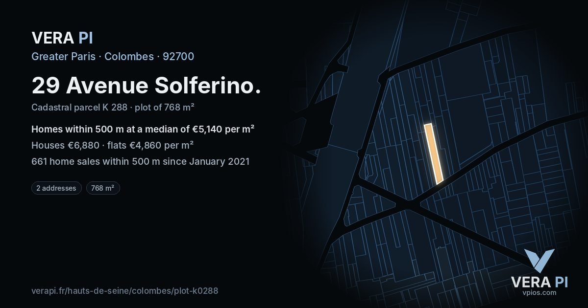 29 Avenue Solferino, Colombes at night – the plot lit, the parcels around coloured by the prices near them