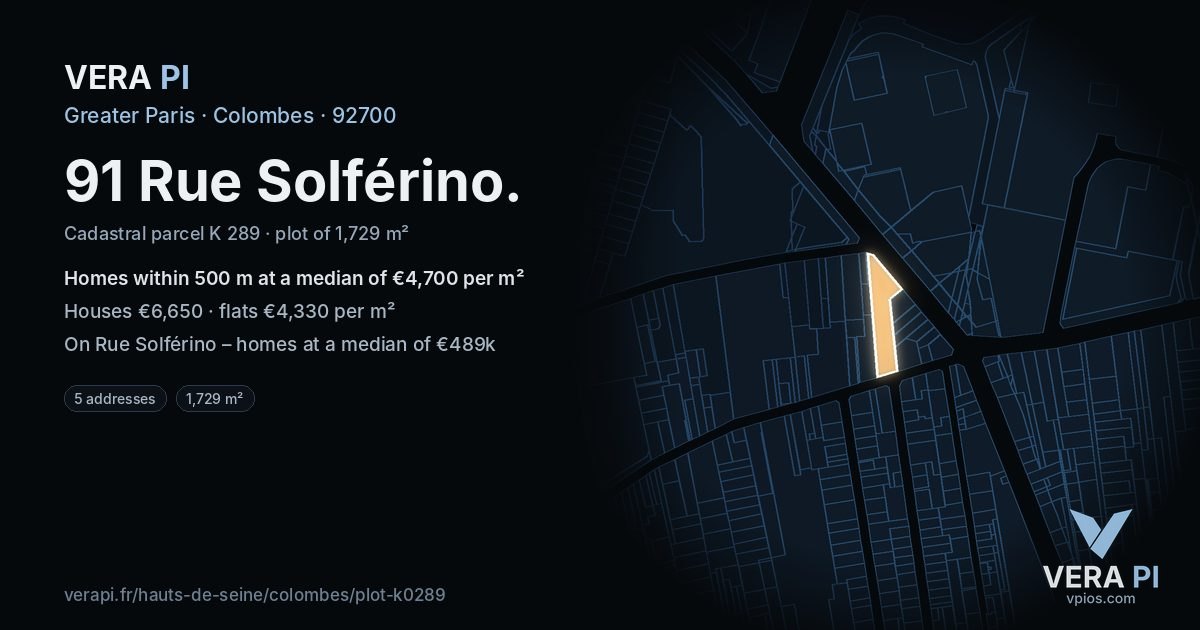91 Rue Solférino, Colombes at night – the plot lit, the parcels around coloured by the prices near them