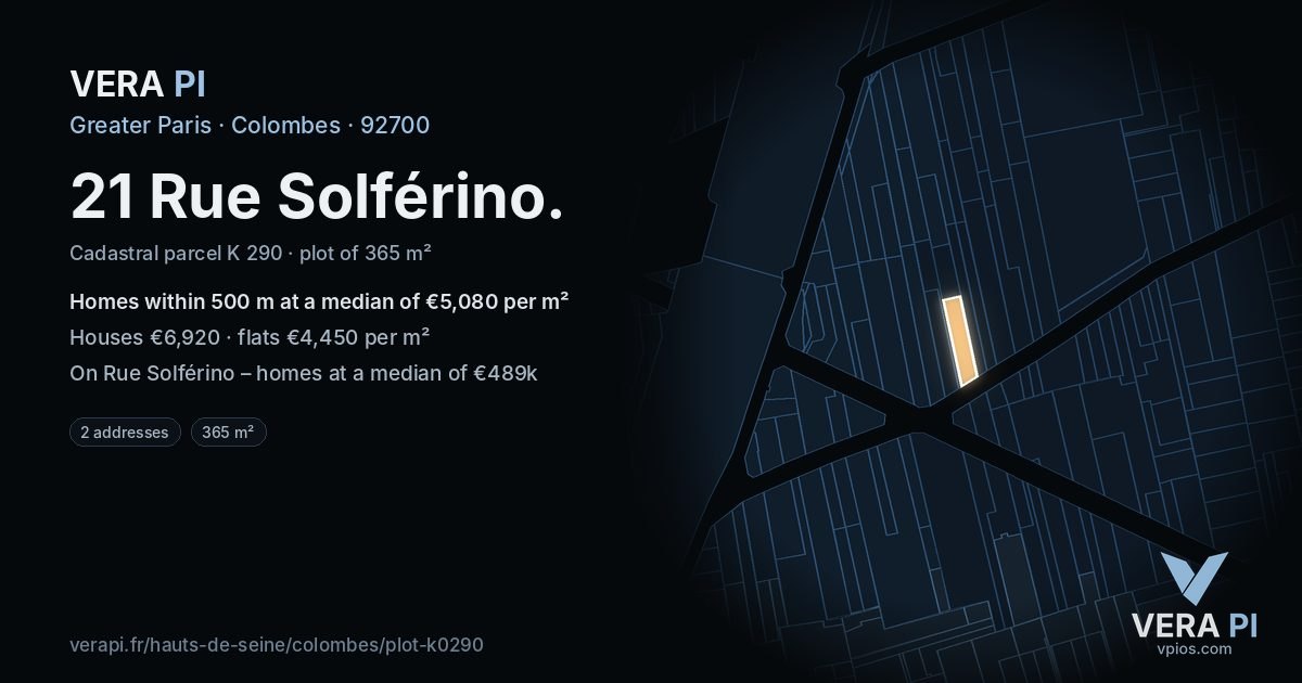 21 Rue Solférino, Colombes at night – the plot lit, the parcels around coloured by the prices near them