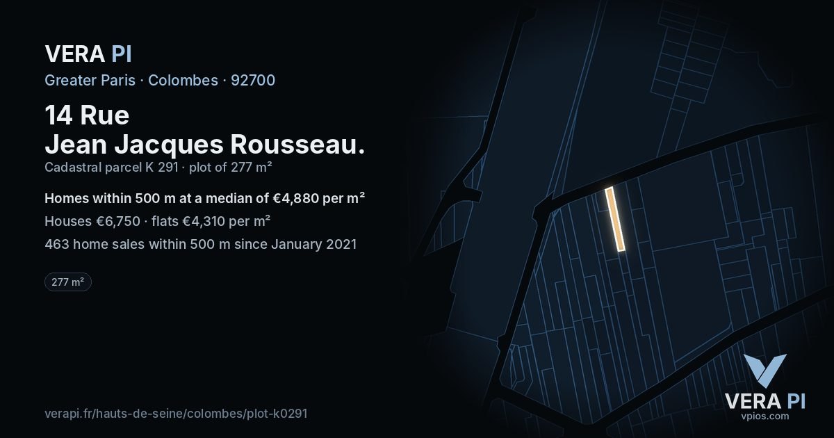14 Rue Jean Jacques Rousseau, Colombes at night – the plot lit, the parcels around coloured by the prices near them