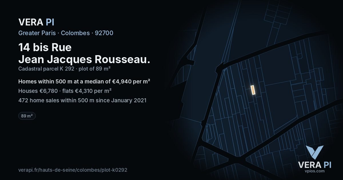 14 bis Rue Jean Jacques Rousseau, Colombes at night – the plot lit, the parcels around coloured by the prices near them