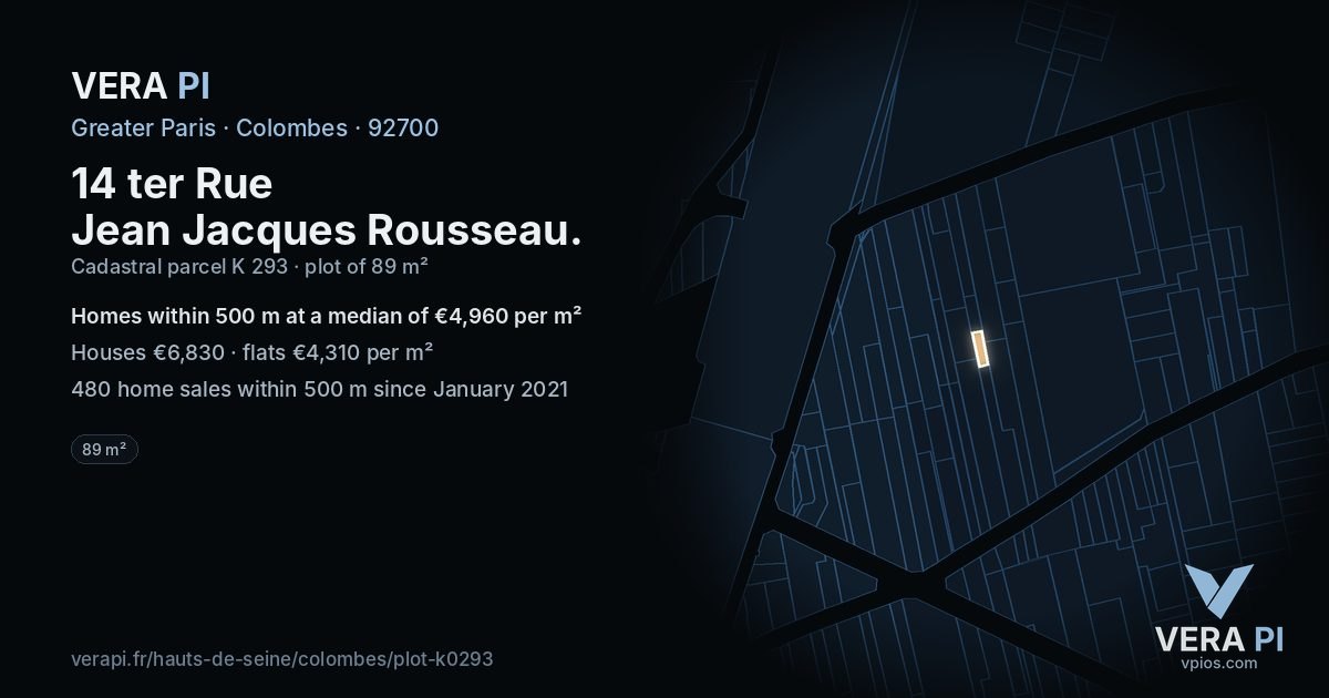 14 ter Rue Jean Jacques Rousseau, Colombes at night – the plot lit, the parcels around coloured by the prices near them