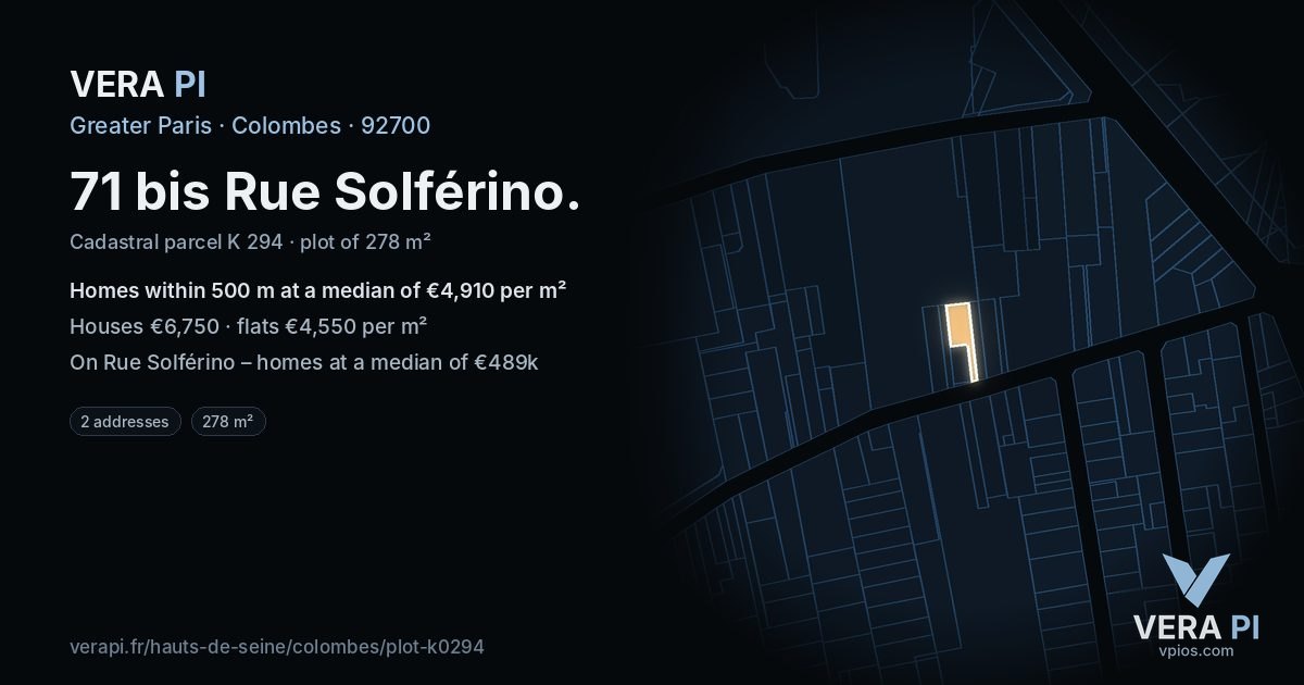 71 bis Rue Solférino, Colombes at night – the plot lit, the parcels around coloured by the prices near them