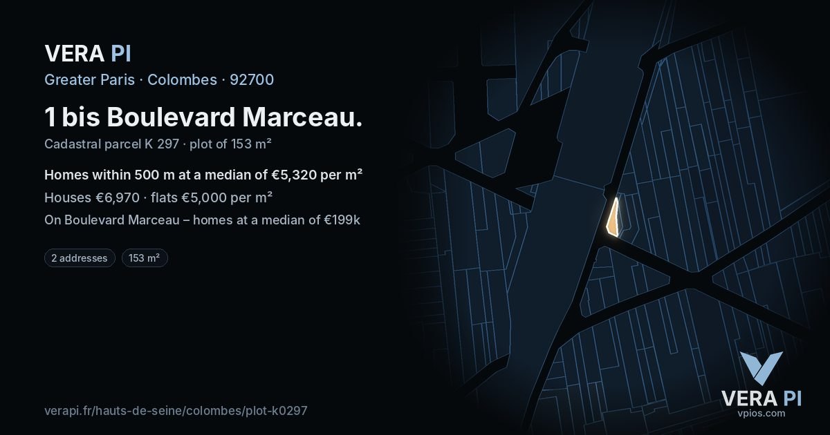 1 bis Boulevard Marceau, Colombes at night – the plot lit, the parcels around coloured by the prices near them