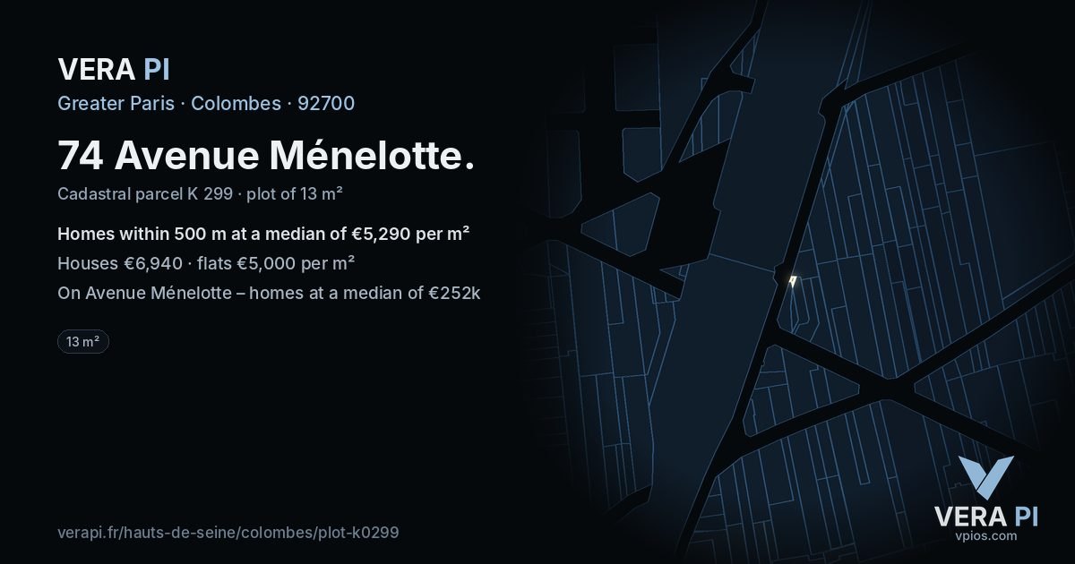74 Avenue Ménelotte, Colombes at night – the plot lit, the parcels around coloured by the prices near them