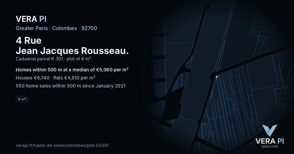 4 Rue Jean Jacques Rousseau, Colombes at night – the plot lit, the parcels around coloured by the prices near them