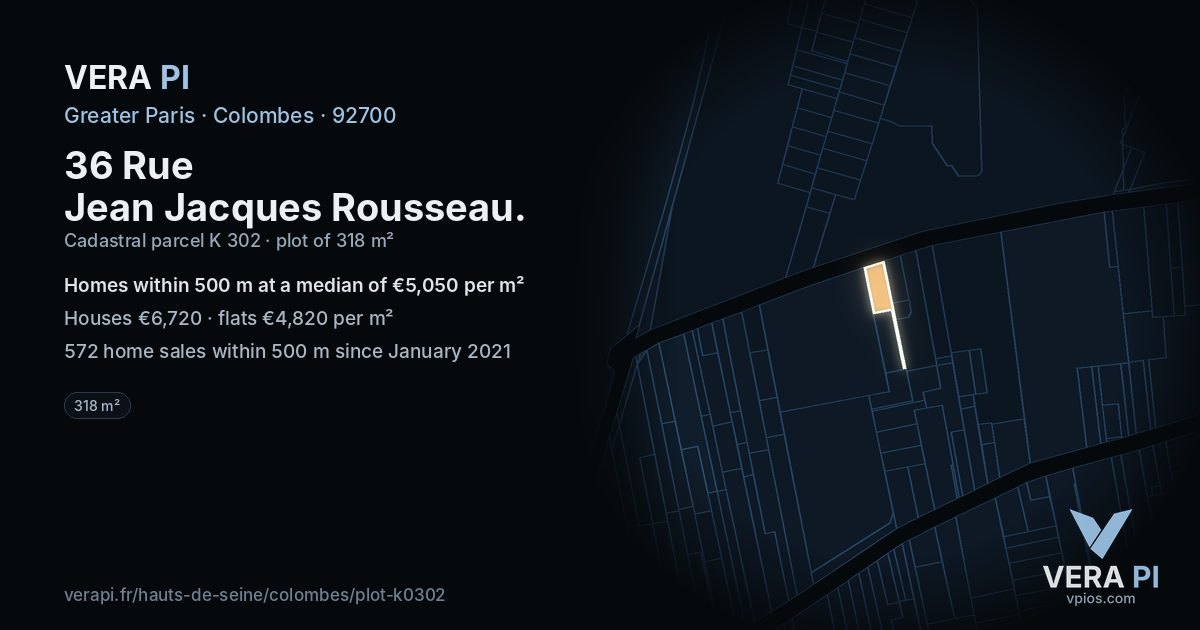 36 Rue Jean Jacques Rousseau, Colombes at night – the plot lit, the parcels around coloured by the prices near them
