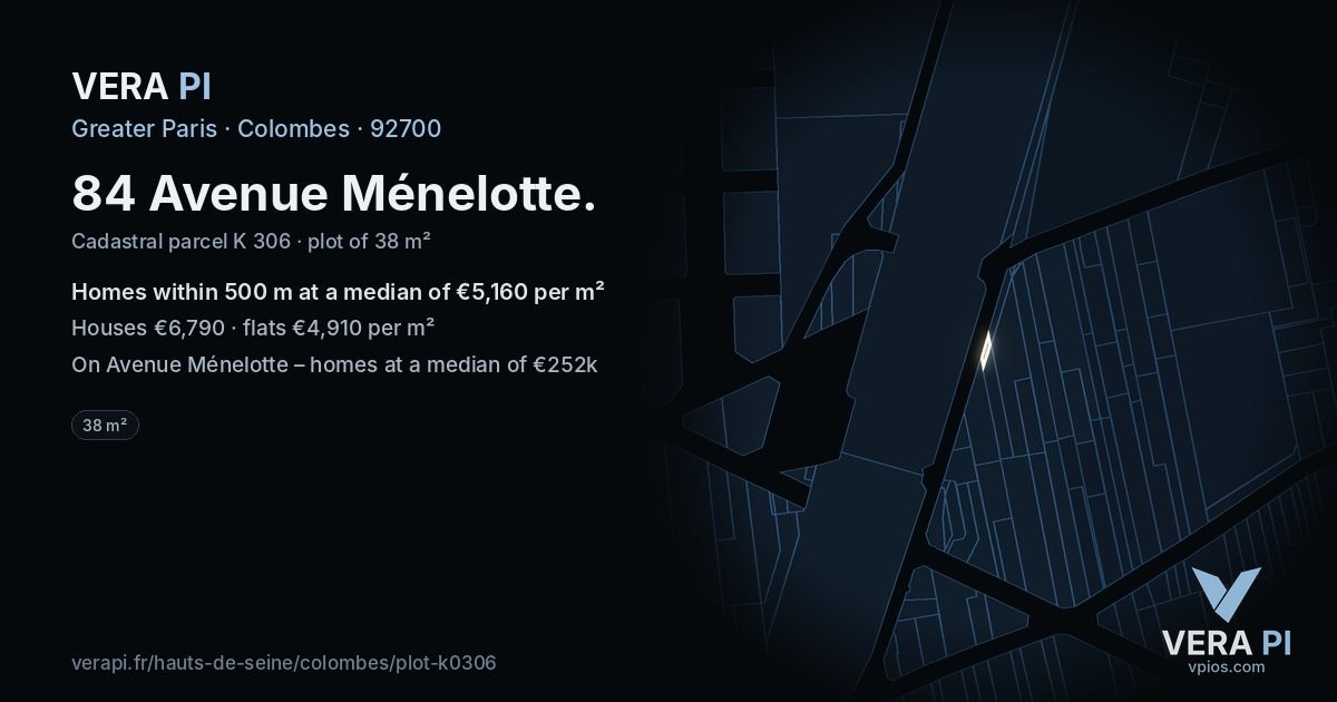 84 Avenue Ménelotte, Colombes at night – the plot lit, the parcels around coloured by the prices near them