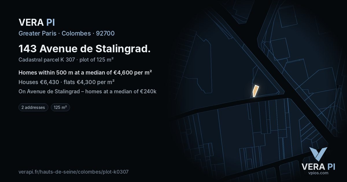 143 Avenue de Stalingrad, Colombes at night – the plot lit, the parcels around coloured by the prices near them