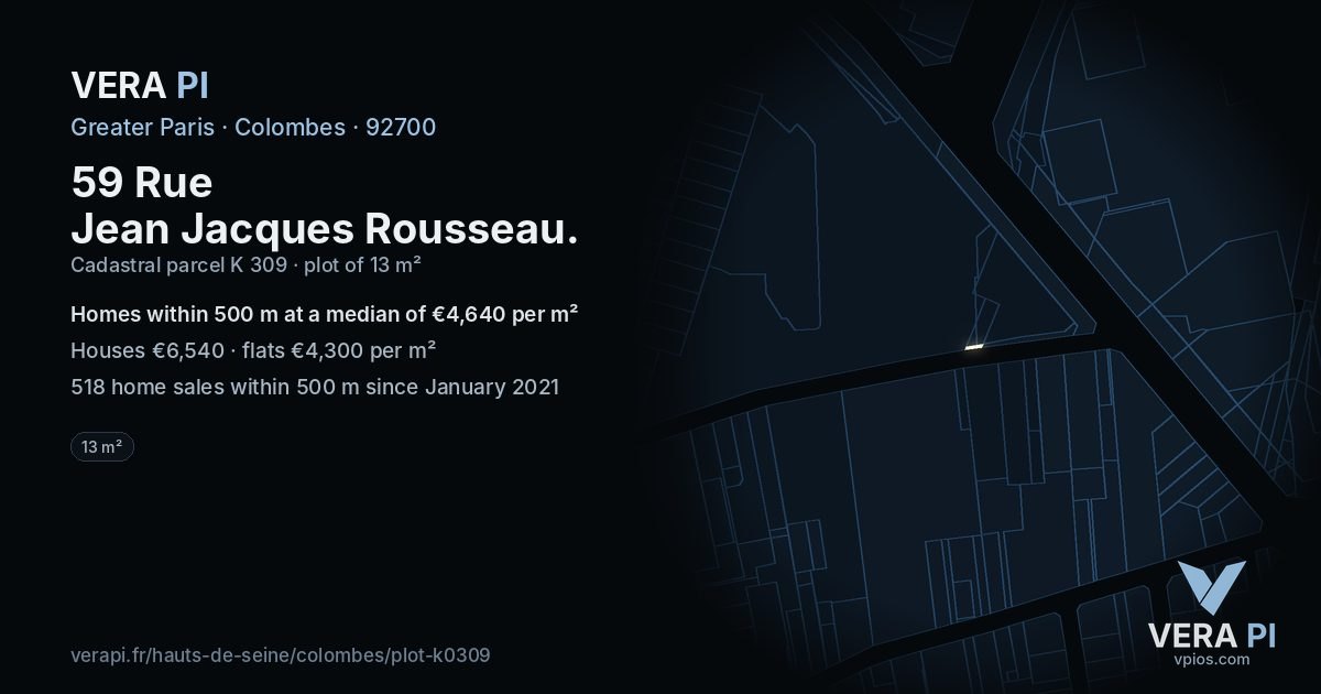 59 Rue Jean Jacques Rousseau, Colombes at night – the plot lit, the parcels around coloured by the prices near them