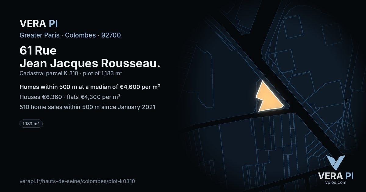 61 Rue Jean Jacques Rousseau, Colombes at night – the plot lit, the parcels around coloured by the prices near them