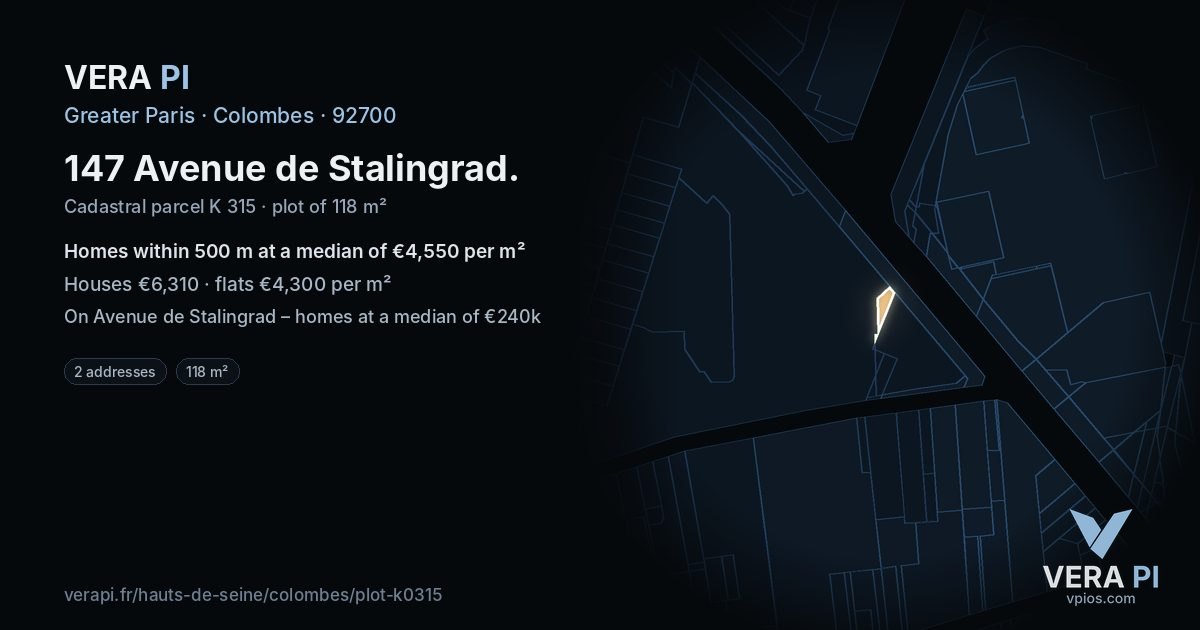 147 Avenue de Stalingrad, Colombes at night – the plot lit, the parcels around coloured by the prices near them