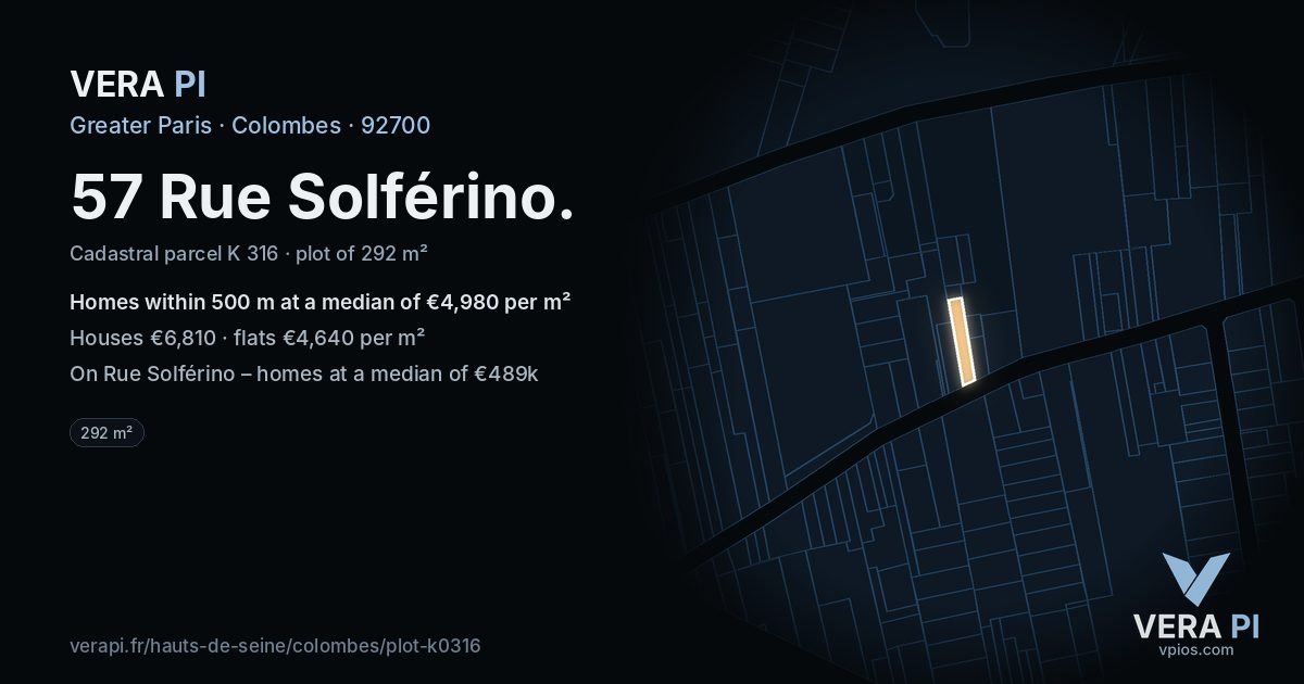 57 Rue Solférino, Colombes at night – the plot lit, the parcels around coloured by the prices near them