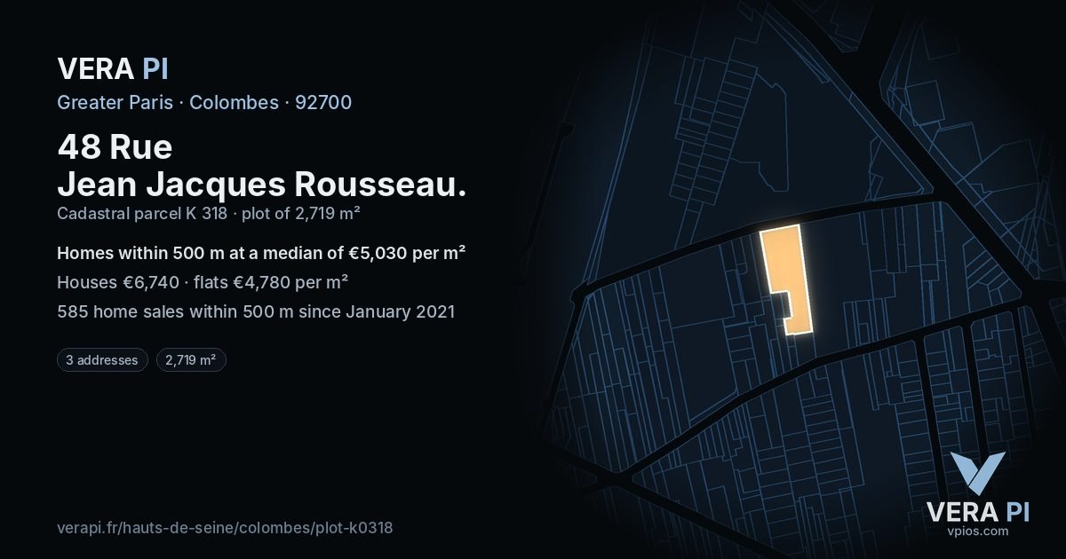 48 Rue Jean Jacques Rousseau, Colombes at night – the plot lit, the parcels around coloured by the prices near them