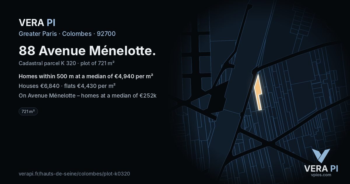 88 Avenue Ménelotte, Colombes at night – the plot lit, the parcels around coloured by the prices near them