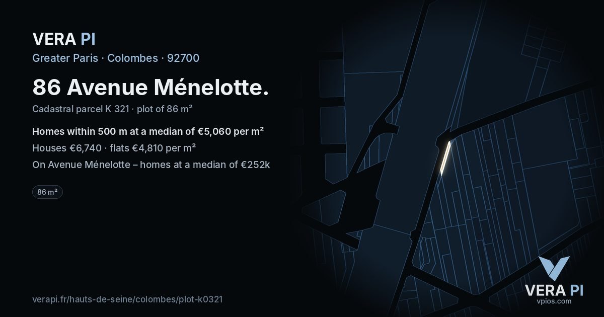 86 Avenue Ménelotte, Colombes at night – the plot lit, the parcels around coloured by the prices near them