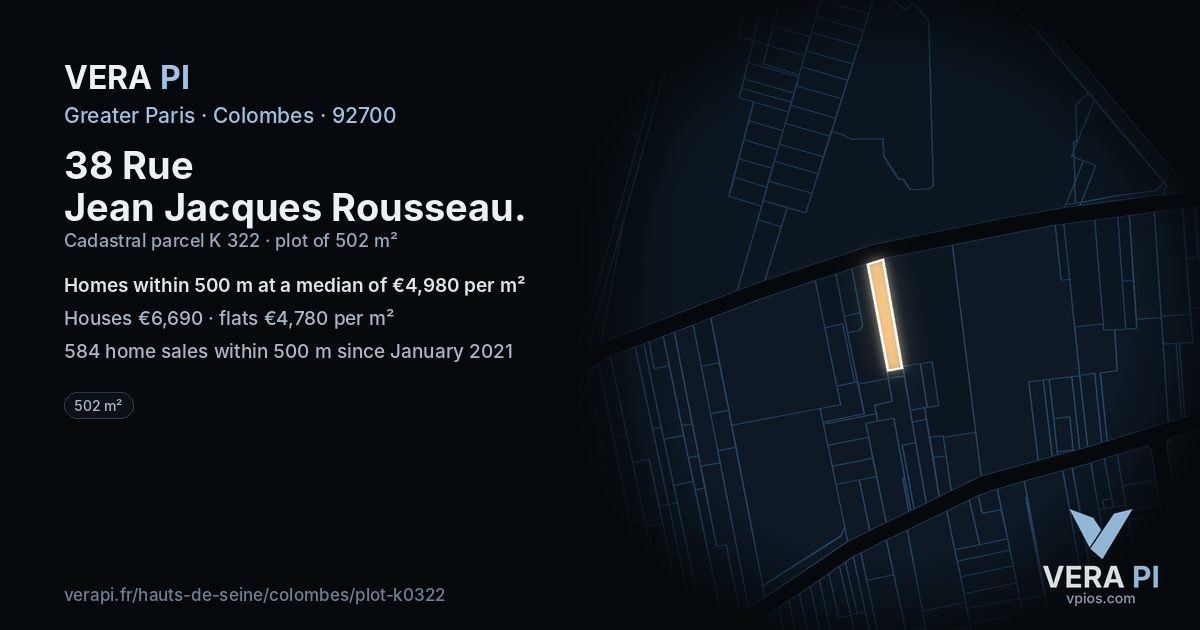 38 Rue Jean Jacques Rousseau, Colombes at night – the plot lit, the parcels around coloured by the prices near them
