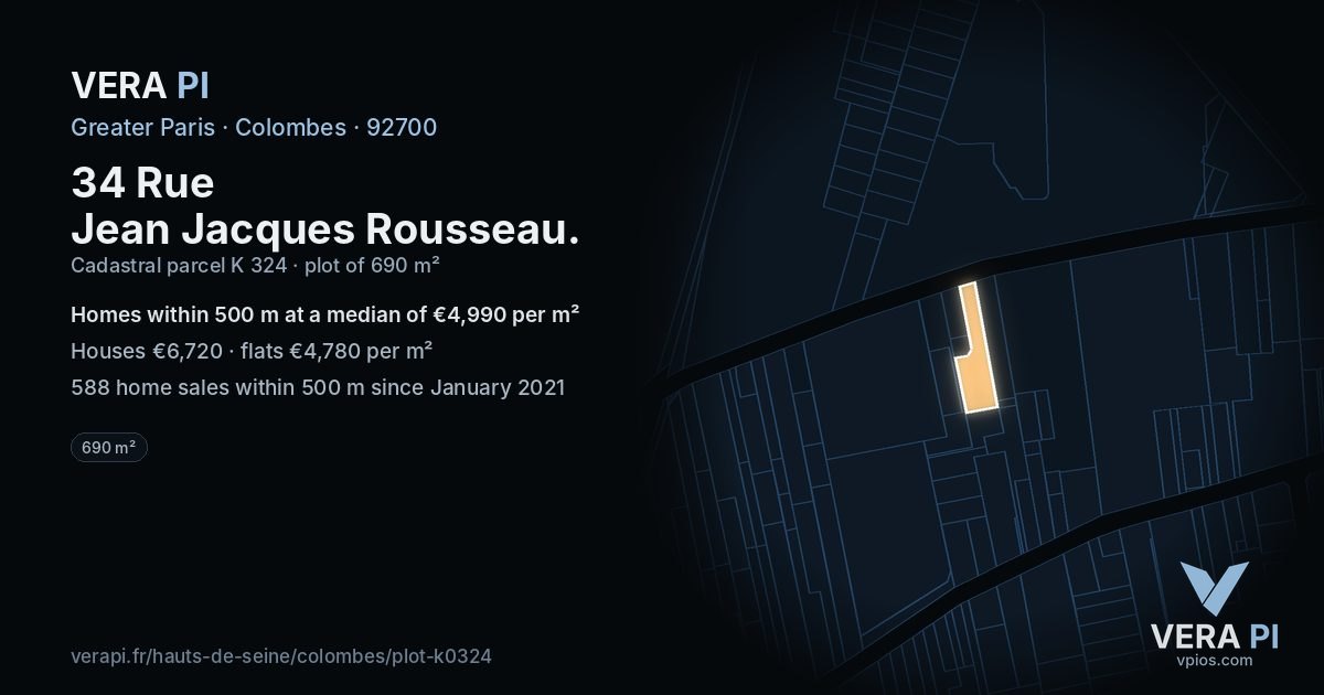 34 Rue Jean Jacques Rousseau, Colombes at night – the plot lit, the parcels around coloured by the prices near them
