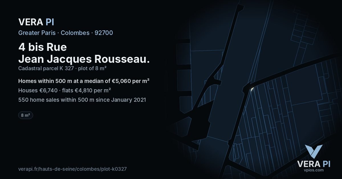 4 bis Rue Jean Jacques Rousseau, Colombes at night – the plot lit, the parcels around coloured by the prices near them