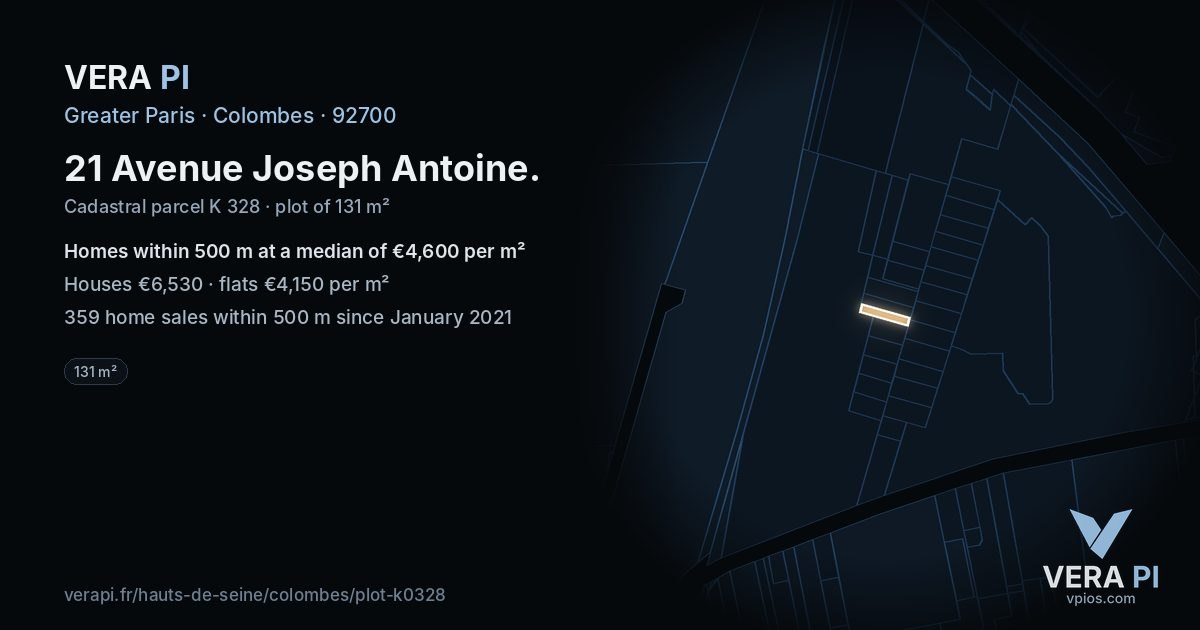 21 Avenue Joseph Antoine, Colombes at night – the plot lit, the parcels around coloured by the prices near them