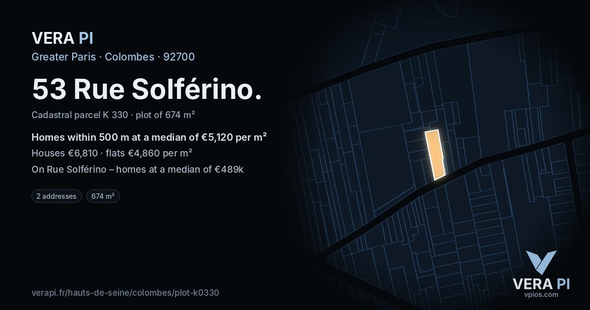 53 Rue Solférino, Colombes at night – the plot lit, the parcels around coloured by the prices near them