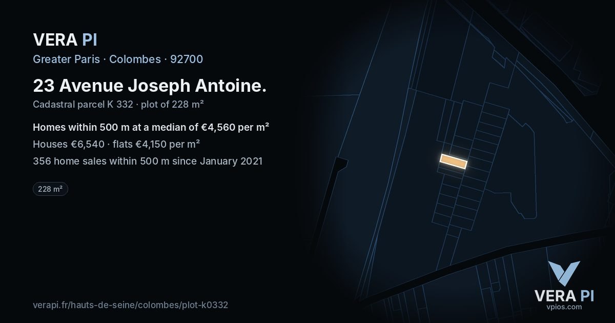 23 Avenue Joseph Antoine, Colombes at night – the plot lit, the parcels around coloured by the prices near them