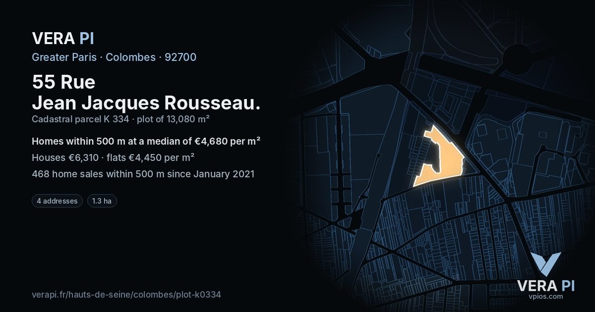55 Rue Jean Jacques Rousseau, Colombes at night – the plot lit, the parcels around coloured by the prices near them