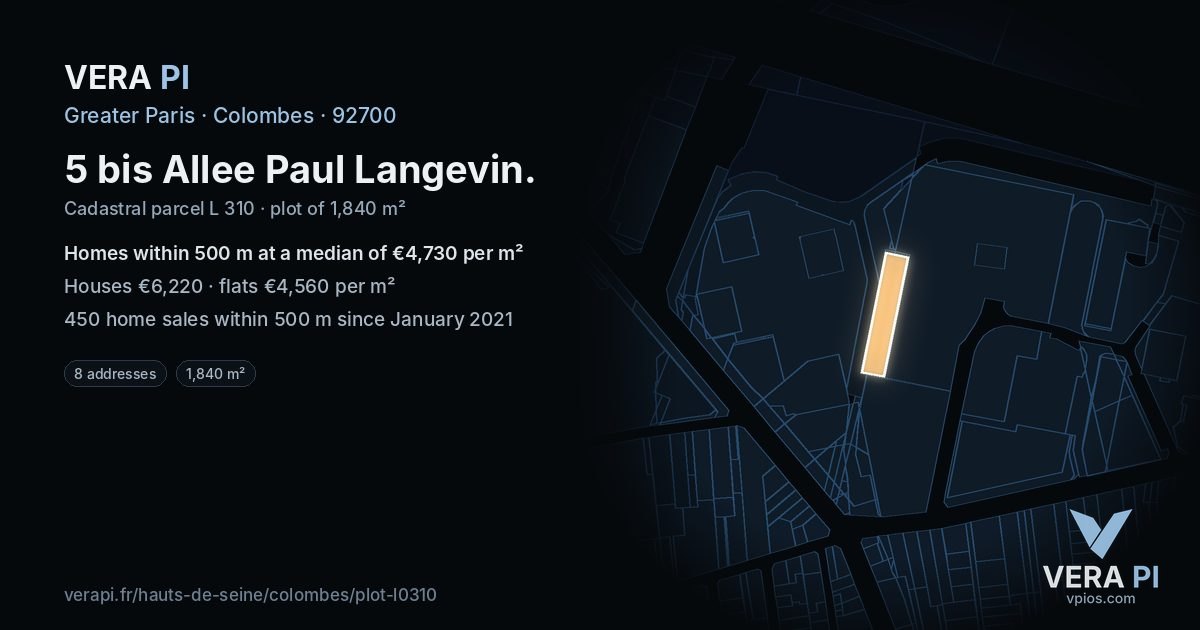 5 bis Allee Paul Langevin, Colombes at night – the plot lit, the parcels around coloured by the prices near them
