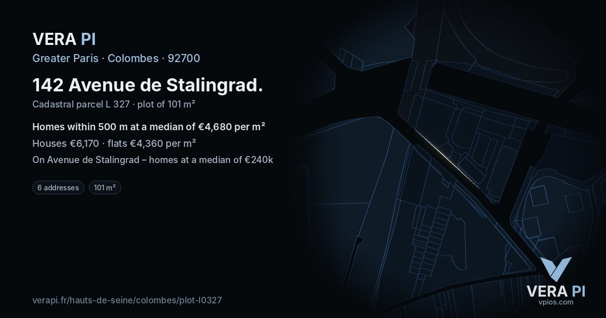 142 Avenue de Stalingrad, Colombes at night – the plot lit, the parcels around coloured by the prices near them