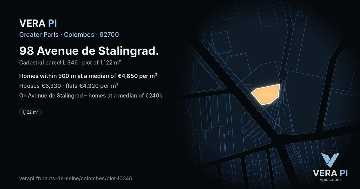 98 Avenue de Stalingrad, Colombes at night – the plot lit, the parcels around coloured by the prices near them