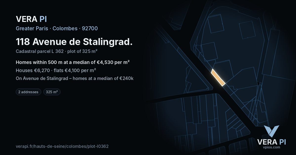 118 Avenue de Stalingrad, Colombes at night – the plot lit, the parcels around coloured by the prices near them