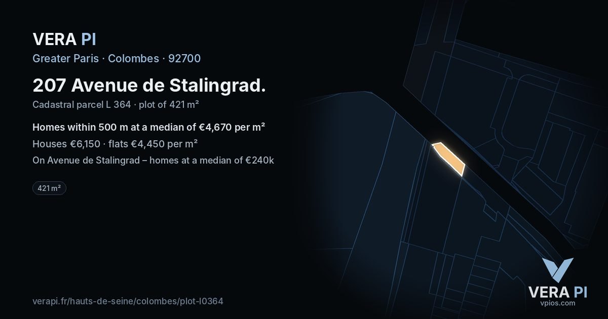 207 Avenue de Stalingrad, Colombes at night – the plot lit, the parcels around coloured by the prices near them