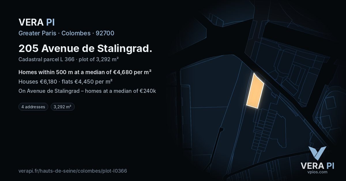 205 Avenue de Stalingrad, Colombes at night – the plot lit, the parcels around coloured by the prices near them